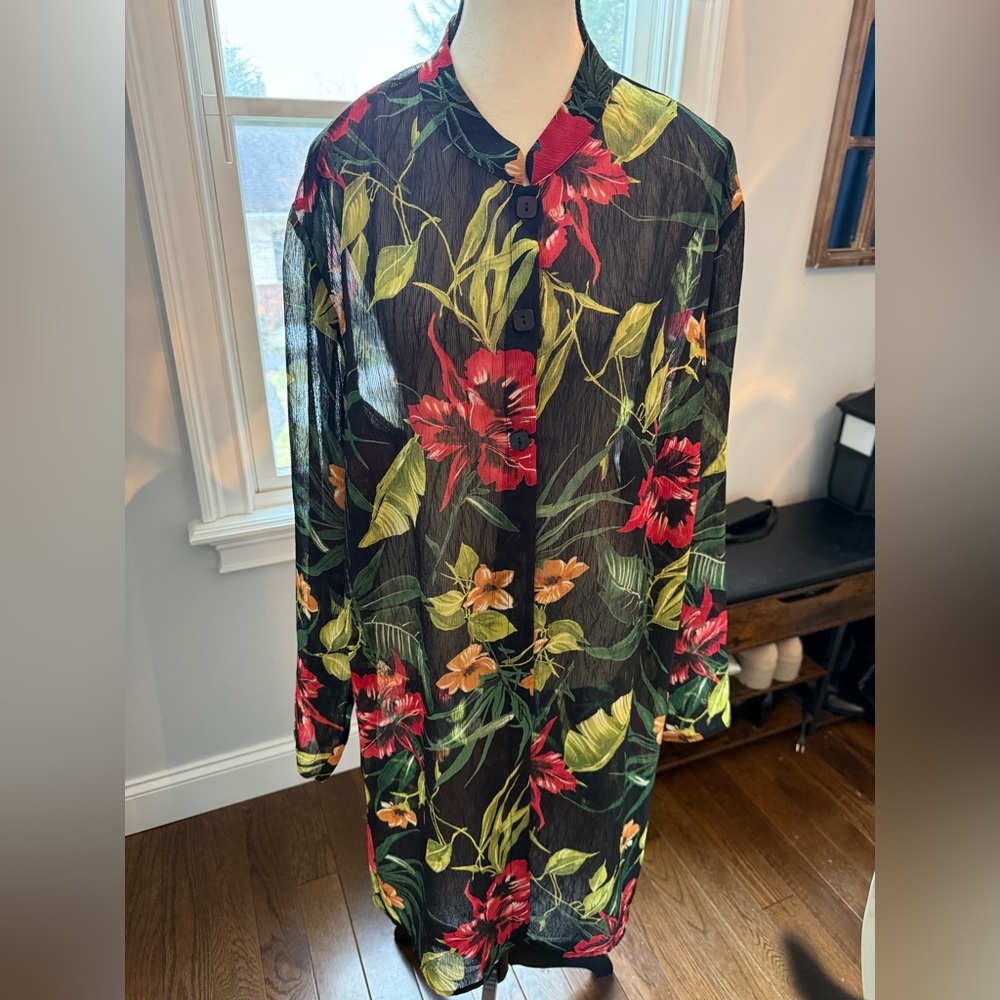 Susan Graver Black Floral Sheer  Tunic or Dress with Red and Green Accents 2X